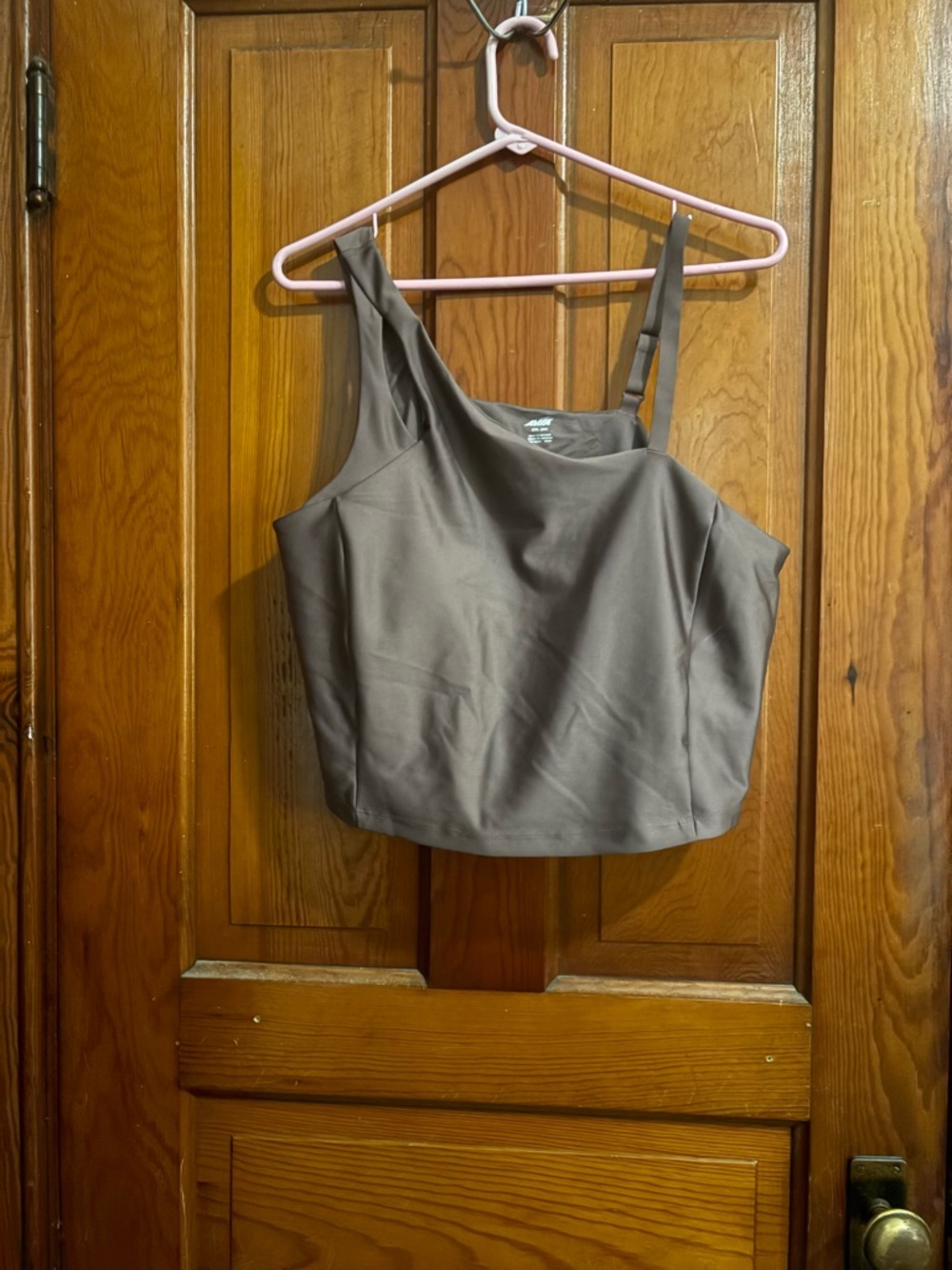 Avia Taupe Asymmetric-Strap Crop Top